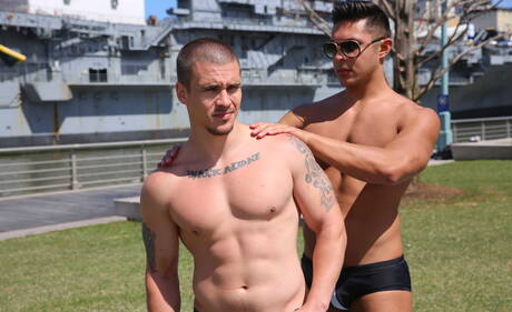 Two american boys strongman Adam Bryant and strong bull Seth Santoro in hot ass bang outside