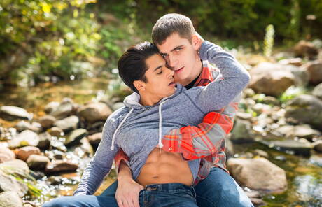 American stars tough guy Armond Rizzo and young dude Kory Houston posing naked outdoor