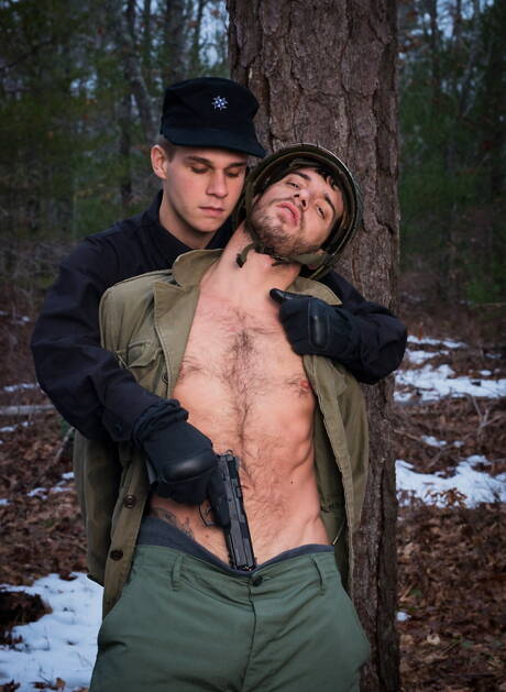 Military gays Ty,Sam, Trent and Alexander Gustavo posing and kissing outdoors