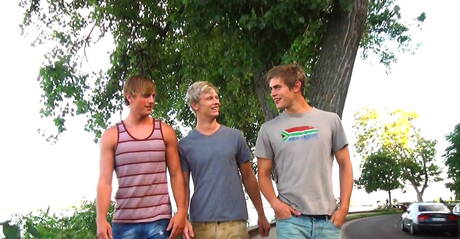 Nasty boys Dolph Lambert, Mick Lovell and Alex Waters in threesome fuck action in the kitchen