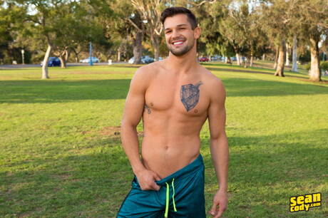 Two american guys husky guy Brysen and stud Jake Porter make a love outside