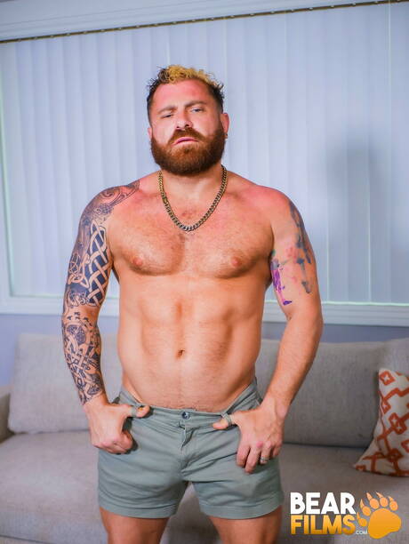 American hairy bear Riley Mitchel get naked and showing tight butt