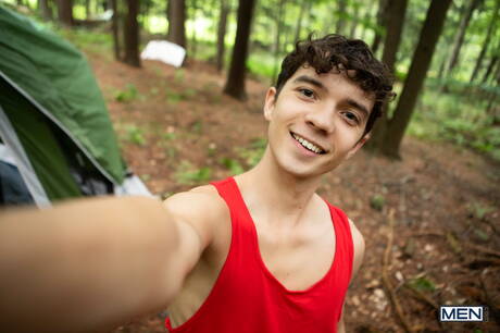 Hot americans, muscular Chuck Conrad and beautiful boy Sam Ledger fuck ass after sucking cock outdoor